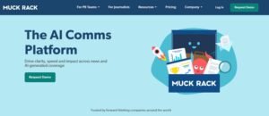 Muck Rack homepage hero banner introducing 'The AI Comms Platform' with call-to-action buttons to request a demo and a branded illustration showing PR, news coverage, and analytics assets emerging from a blue box.