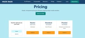 Muck Rack pricing page outlining subscription tiers for Brands and Agencies across Starter, Standard, and Premier plans with contact options for custom quotes.