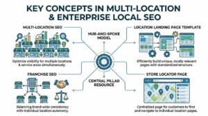 Infographic titled KEY CONCEPTS IN MULTI-LOCATION & ENTERPRISE LOCAL SEO illustrating a central Hub-and-Spoke Model connecting four enterprise pillars: Multi-Location SEO (optimizing visibility for multiple locations & service areas simultaneously), Location Landing Page Template (efficiently building unique, locally relevant pages with standardized structure), Franchise SEO (balancing brand-wide consistency with individual location autonomy), and Store Locator Page (centralized page for customers to find and navigate to individual location pages).