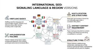 International SEO infographic illustrating language and region signaling, connecting a global network of country flags to multi-location URL site structures, hreflang basics, structure types, and common implementation failures.
