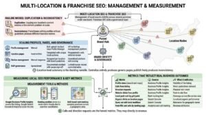 Multi-location and franchise SEO infographic outlining management, governance, scaling profiles, failure modes of duplication, and key performance measurement metrics.