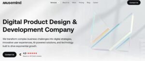 Screenshot of the Musemind Agency homepage displaying the headline 'Digital Product Design & Development Company' alongside 3D iridescent geometric glass shapes and a 4.9 Clutch rating badge.