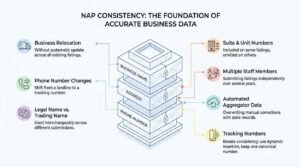 NAP consistency infographic illustrating how business relocations, phone number changes, name variations, unit numbers, multiple staff submissions, aggregator data, and call tracking disrupt the core foundation of business name, address, and phone number.