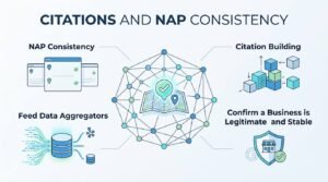 Infographic titled CITATIONS AND NAP CONSISTENCY illustrating NAP consistency, citation building, data aggregator distribution, and business legitimacy confirmation around a central geodetic network map hub.