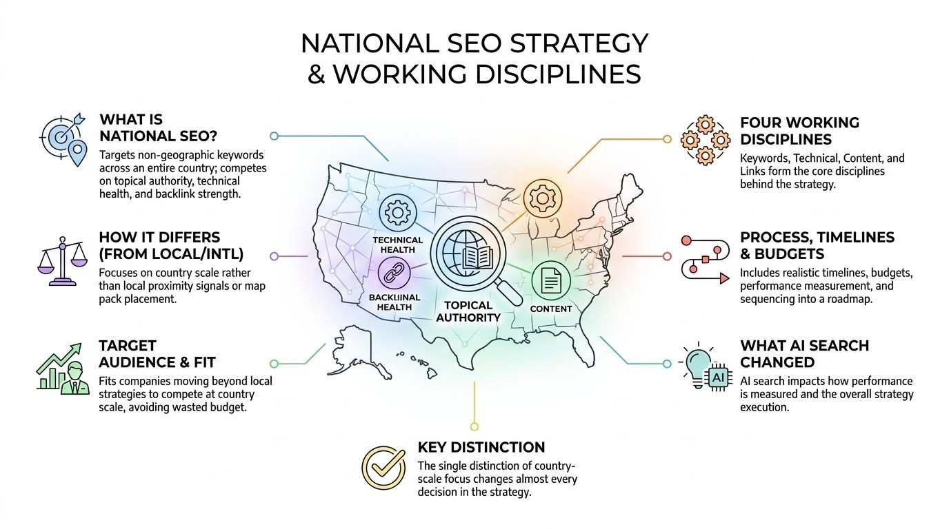 National SEO strategy and working disciplines infographic showing a United States map overlay with four core pillars: technical health, backlink health, topical authority, and content, flanked by guidance on differentiation from local SEO, budgeting, and AI search impacts.