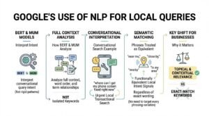 Infographic titled GOOGLE'S USE OF NLP FOR LOCAL QUERIES displaying a 5-step horizontal progression: BERT & MUM Models, Full Context Analysis, Conversational Interpretation, Semantic Matching, and Key Shift for Businesses, showing how natural language processing shifts local SEO from exact-match keywords to topical and contextual relevance