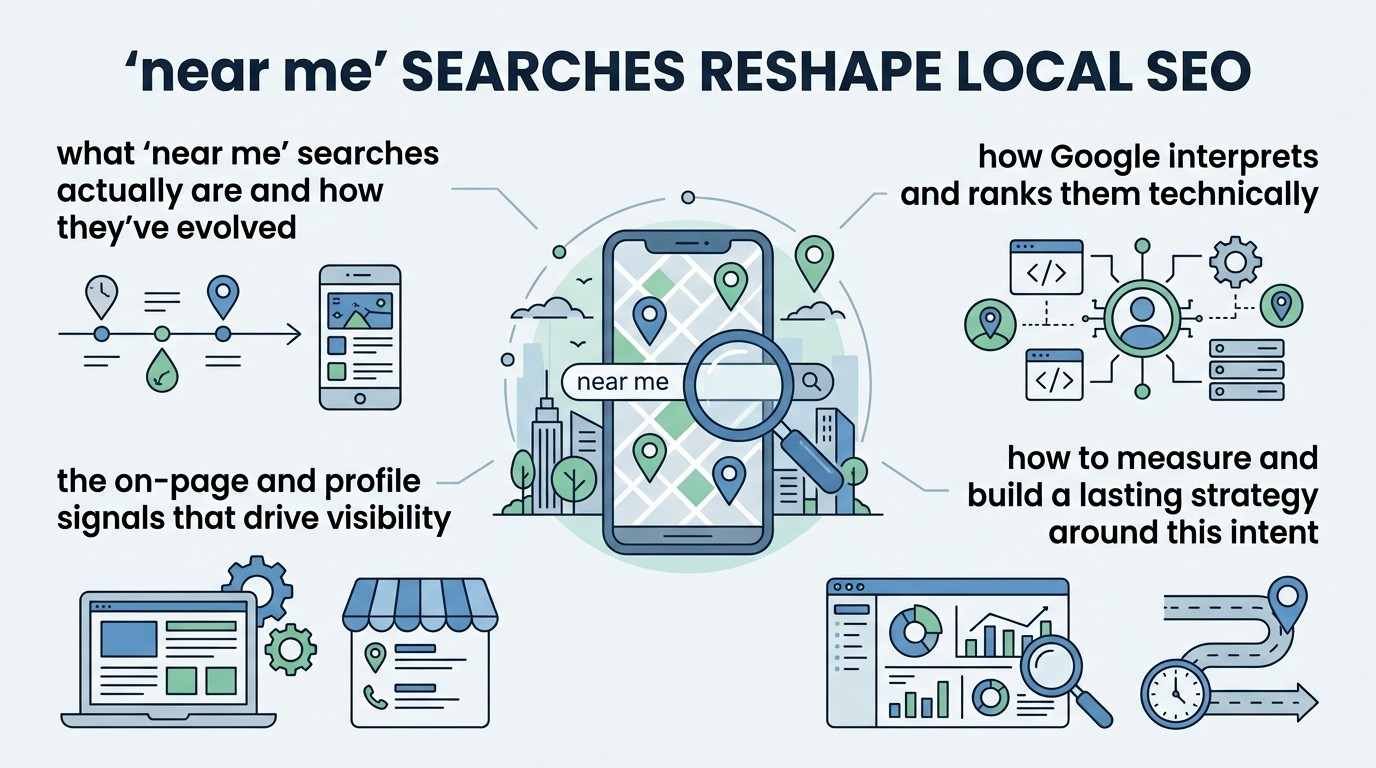 Infographic titled 'near me' SEARCHES RESHAPE LOCAL SEO detailing the evolution of near me queries, technical ranking interpretation, on-page and profile visibility signals, and measurement strategies around a central mobile map search interface.