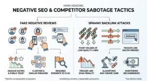 Infographic titled MAIN HEADING NEGATIVE SEO & COMPETITOR SABOTAGE TACTICS comparing two main threat vectors: Fake Negative Reviews (damaging rating & public trust, appearing in clusters with similar phrasing, requiring evidence to flag) and Spammy Backlink Attacks (pointing volume of low-quality links to trigger penalties, though algorithms may ignore junk, keeping monitoring recommended).