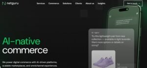 Screenshot of the Netguru homepage featuring the headline 'AI-native commerce' alongside a smartphone showing an AI agent shopping dialogue recommending lavender running shoes.