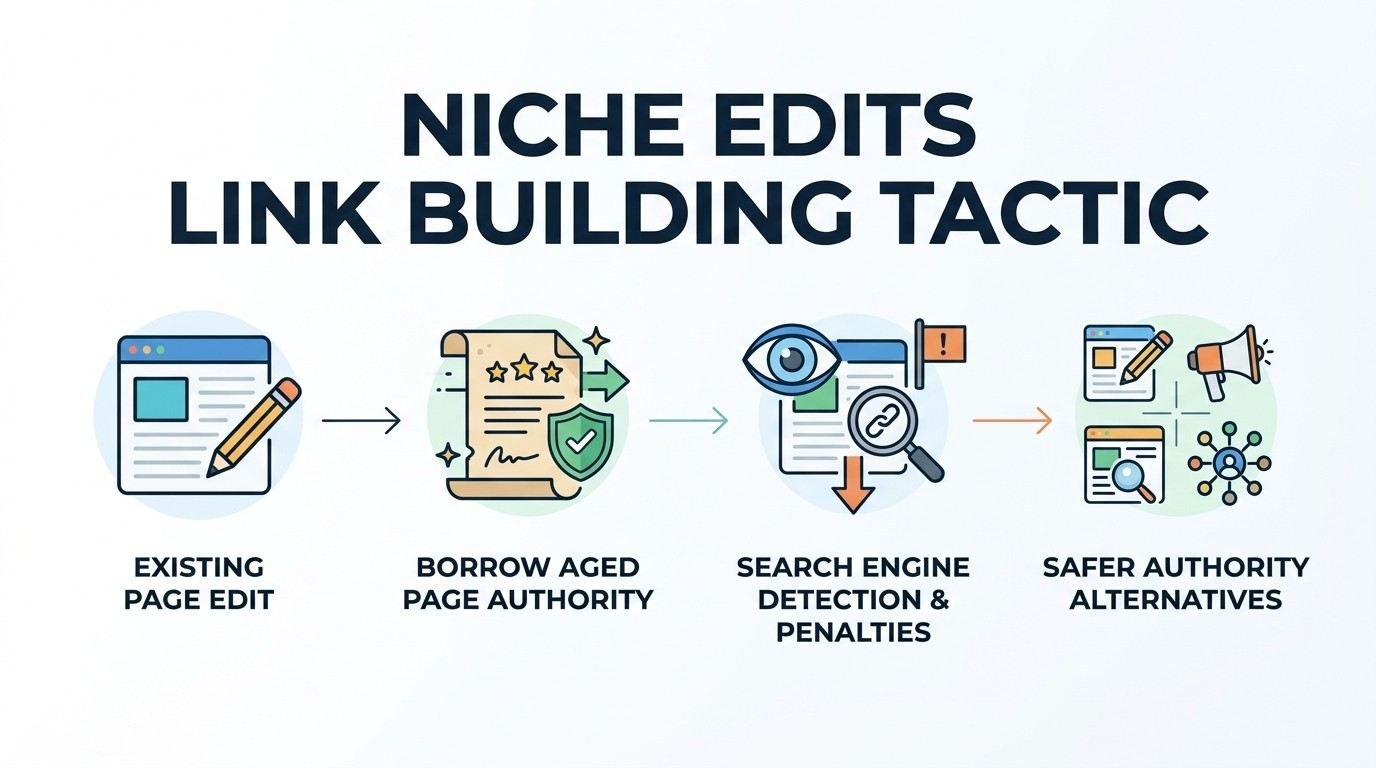 Niche edits link building tactic infographic, contextual link insertions, existing page edit, borrow aged page authority, search engine detection and penalties, link insertion risks, safer authority alternatives, off-page SEO SOP.