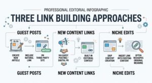 Infographic titled THREE LINK BUILDING APPROACHES (subtitled Professional Editorial Infographic) comparing Guest Posts, New Content Links, and Niche Edits. Guest Posts involves: Create New Article, Include Natural Link, On Third-Party Site. New Content Links involves: Via Guest Posting / Digital PR leading to Built-In Editorial Context. Niche Edits involves: Skip Content Creation, Insert Link Into Existing Content, and Often Reshapes Original Meaning.