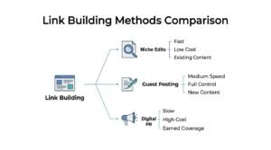 Infographic titled Link Building Methods Comparison branching from a central Link Building webpage icon into three tactics: Niche Edits (Fast, Low Cost, Existing Content), Guest Posting (Medium Speed, Full Control, New Content), and Digital PR (Slow, High Cost, Earned Coverage).