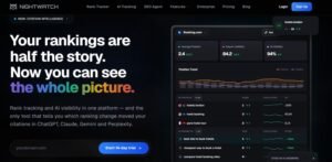 Nightwatch homepage hero section featuring the headline 'Your rankings are half the story. Now you can see the whole picture.' next to an AI tracking dashboard for booking.com displaying search visibility, AI visibility, and prompt citations.