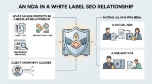 Infographic titled An NDA in a White Label SEO Relationship detailing protected reseller assets, client anonymity clauses, and mutual versus one-way non-disclosure agreements.