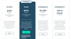 Nozzle subscription pricing table comparing Growth at $399/mo, Scale at $699/mo, Intelligence at $1,400/mo, and Intelligence+ custom pricing, with 15% annual billing discounts and feature breakdowns.