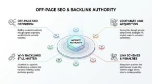 Off-page SEO and backlink authority infographic illustrating legitimate link acquisition, link schemes and penalties, and why backlinks matter around a central website authority hub.