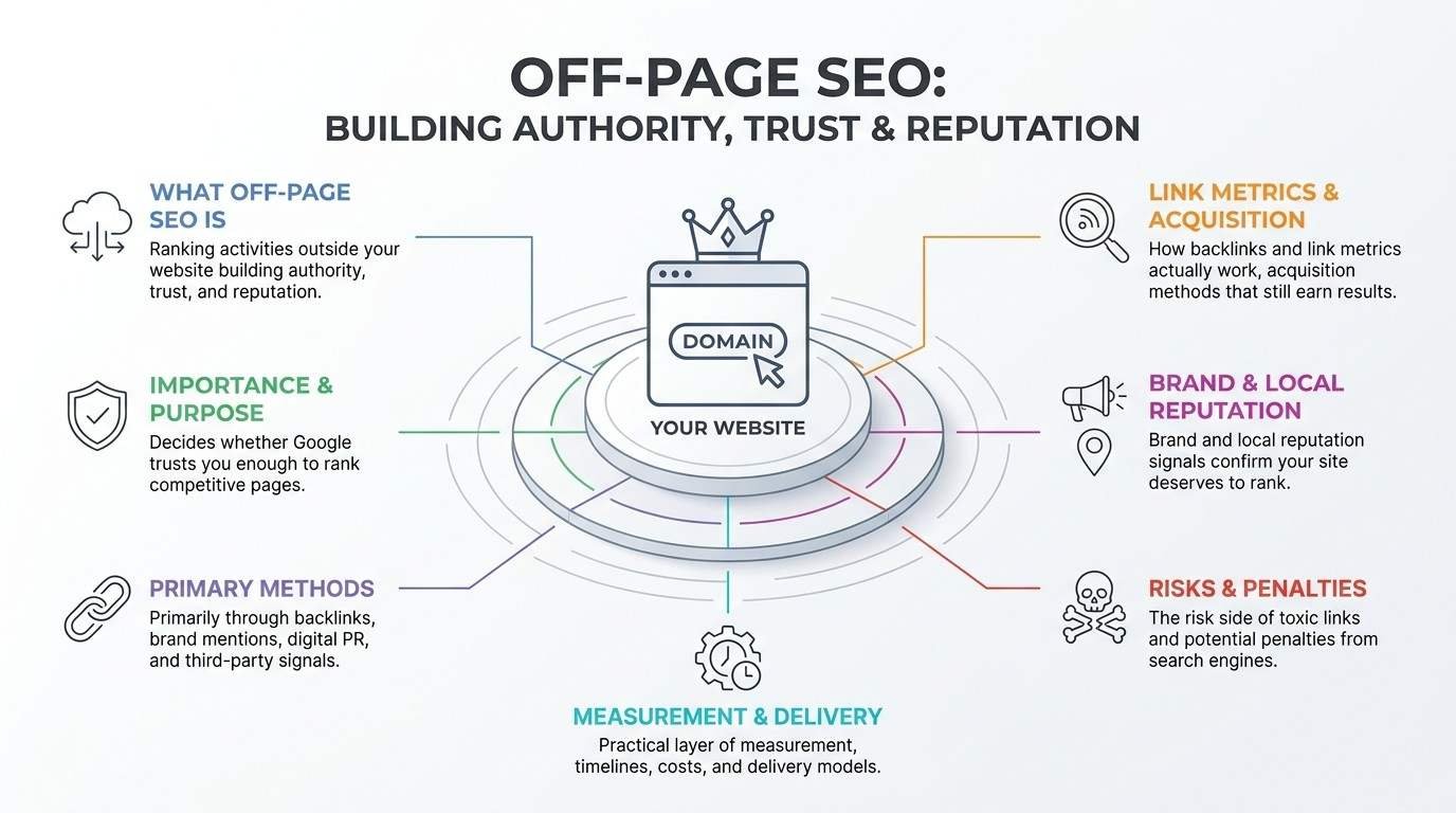 Off-page SEO framework infographic illustrating how activities outside a website—such as backlinks, brand mentions, digital PR, and local reputation—build domain authority, trust, and rankings while managing risks and penalties.
