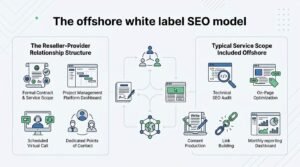 Infographic titled The offshore white label SEO model detailing the reseller-provider relationship structure and typical offshore service scope around a central operational exchange loop.