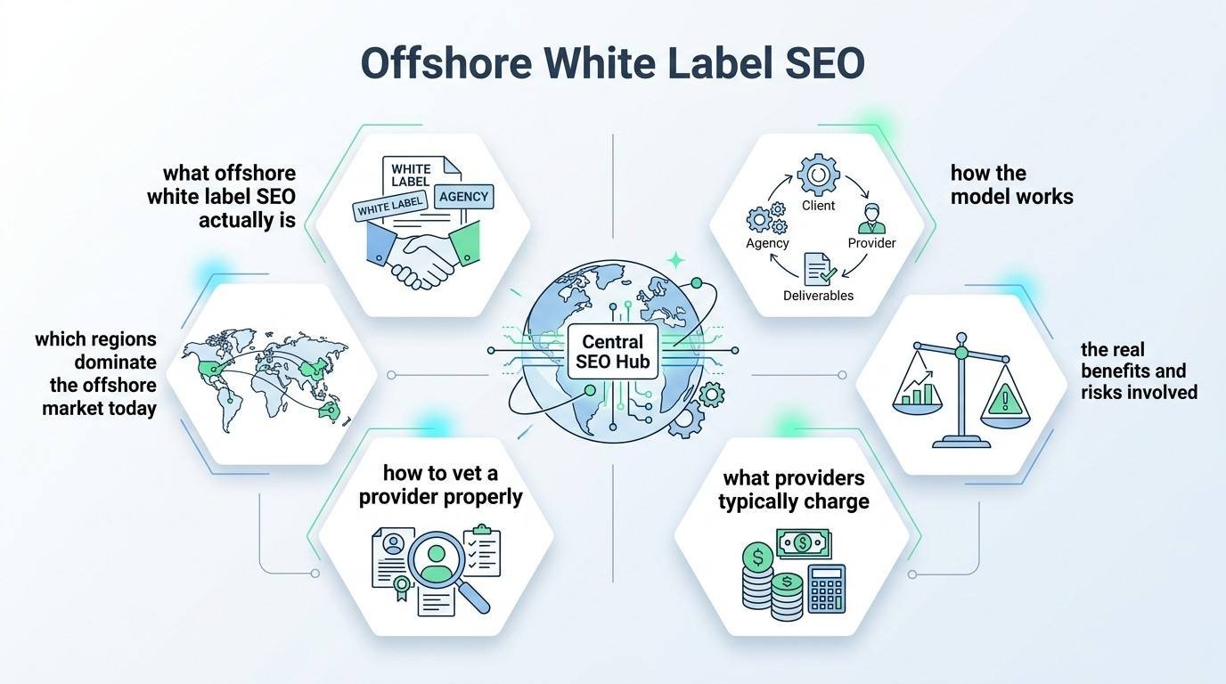 Infographic titled Offshore White Label SEO mapping market definition, regional hubs, operational workflows, risk-benefit balances, provider vetting, and typical pricing structures around a Central SEO Hub.