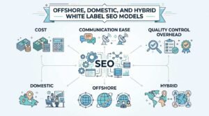Infographic titled OFFSHORE, DOMESTIC, AND HYBRID WHITE LABEL SEO MODELS comparing cost, communication ease, and quality control overhead across domestic, offshore, and hybrid delivery structures around a central SEO fulfillment hub.