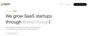 Screenshot of the Ofspace Digital Agency homepage featuring a 4.9 Clutch rating, the headline 'We grow SaaS startups through Brand Design', and a call to book a product review.