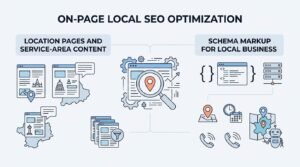 Infographic titled ON-PAGE LOCAL SEO OPTIMIZATION contrasting location pages and service-area content with local business schema markup around a central local browser audit hub.
