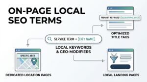 Infographic titled ON-PAGE LOCAL SEO TERMS illustrating how Local Keywords & Geo-Modifiers (SERVICE TERM + [CITY NAME]) branch into three core on-page elements: Optimized Title Tags (PRIMARY KEYWORD | [GEOGRAPHIC AREA]), Dedicated Location Pages targeting a specific area map, and Local Landing Pages featuring conversion funnels.