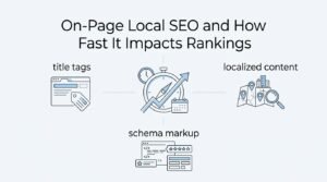Infographic titled On-Page Local SEO and How Fast It Impacts Rankings outlining title tags, localized content, and schema markup surrounding a central compass, clock, and calendar speed hub.