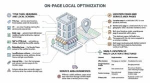 On-page local optimization infographic illustrating title tags, headings, LocalBusiness schema, location pages, and a comparison table of single versus multi-location website structures.