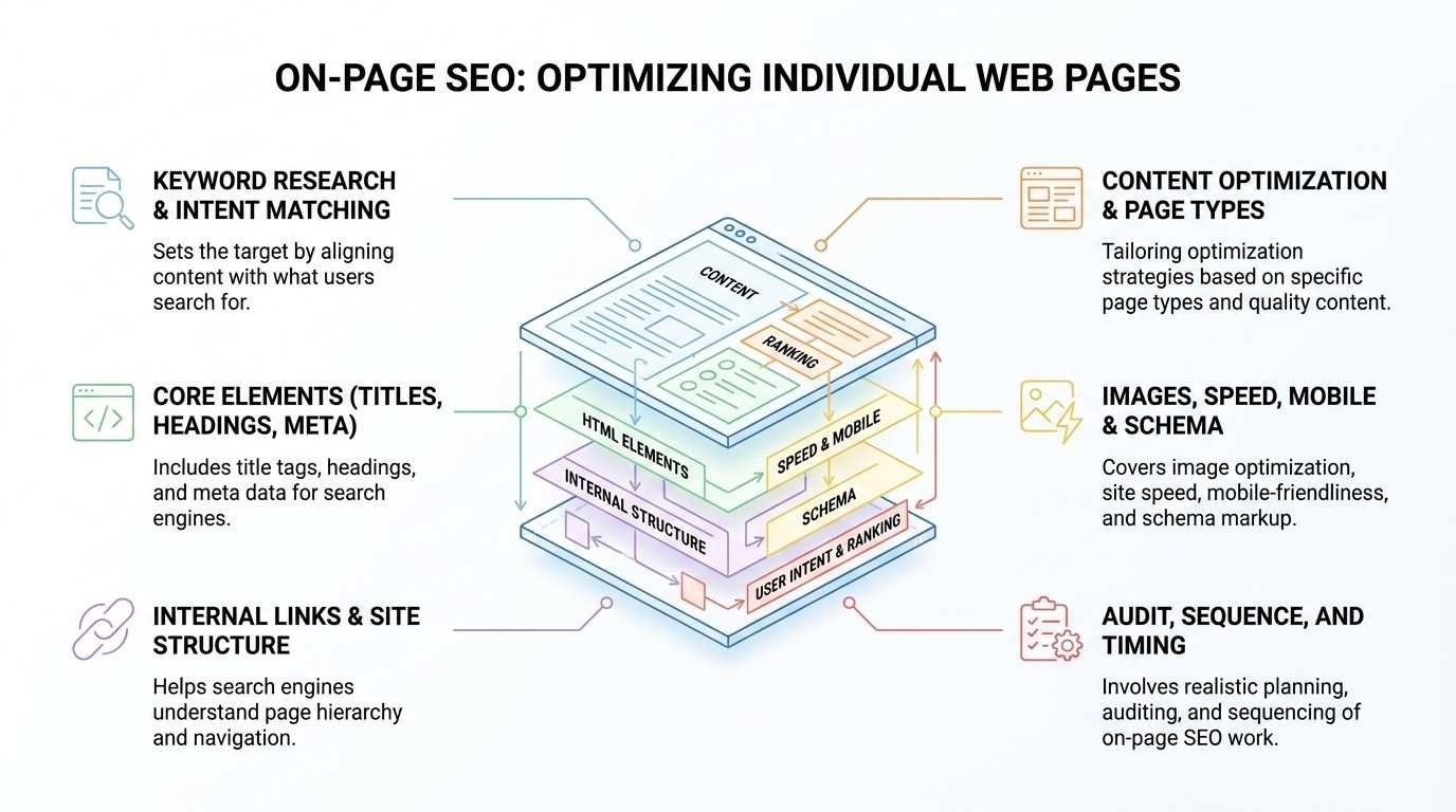 On-page SEO infographic illustrating an isometric layered webpage breakdown, highlighting keyword intent matching, core HTML elements, internal links, content optimization, media speed, schema markup, and audit sequencing.