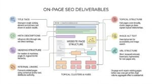 On-page SEO deliverables infographic detailing title tags, meta descriptions, heading structure, internal linking, topical clusters, image alt text, and URL structure on a webpage diagram.