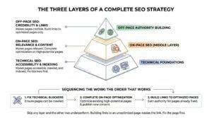 The Three Layers of a Complete SEO Strategy infographic illustrating a three-tiered pyramid of technical foundations, on-page SEO, and off-page authority building, paired with a three-step sequential workflow for execution.