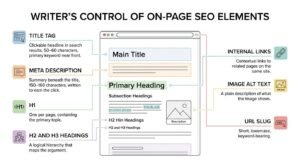 Writer's control of on-page SEO elements infographic illustrating a web page wireframe mapped to seven critical editorial factors: title tag, meta description, H1 heading, H2 and H3 subheadings, internal links, image alt text, and URL slug.