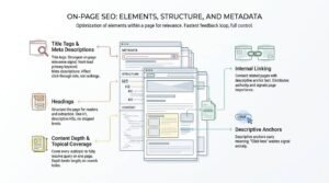 On-page SEO elements, structure, and metadata infographic detailing title tags, headings hierarchy, content depth, internal linking, and descriptive anchor text on a wireframe webpage.