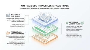 On-page SEO principles and page types infographic showing a layered stack representing blog posts, service landing pages, and product category pages, detailing optimization priorities tailored to informational, commercial, and transactional search intents.