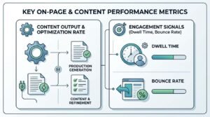 Infographic titled KEY ON-PAGE & CONTENT PERFORMANCE METRICS contrasting content output and optimization rates against engagement signals such as dwell time and bounce rate across two analytical cards.