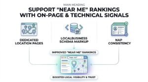 Infographic titled MAIN HEADING: SUPPORT 'NEAR ME' RANKINGS WITH ON-PAGE & TECHNICAL SIGNALS showing Dedicated Location Pages, LocalBusiness Schema Markup, and NAP Consistency channeling into Improved 'Near Me' Rankings and a local map SERP yielding Boosted Local Visibility & Trust.