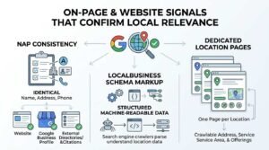 Infographic titled ON-PAGE & WEBSITE SIGNALS THAT CONFIRM LOCAL RELEVANCE outlining three core pillars: NAP Consistency across website, Google Business Profile, and citations; LocalBusiness Schema Markup for structured machine-readable data; and Dedicated Location Pages with crawlable address and service area details, centered around a Google search magnifying glass verifying a mapped globe.