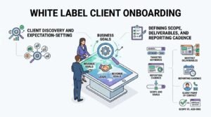 Infographic titled White Label Client Onboarding detailing client discovery, expectation-setting, business goals alignment, and defining scopes, deliverables, and reporting cadence.