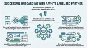 Infographic titled SUCCESSFUL ONBOARDING WITH A WHITE LABEL SEO PARTNER outlining a five-step framework covering brand voice guidelines, trial accounts, branded report templates, measurable quality benchmarks, and communication cadence centered around a partnership gear hub.
