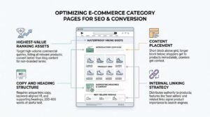 Infographic illustrating e-commerce category page optimization for SEO and conversion, mapping introductory copy, H1 headers, product grids, supporting content, and internal linking on a sample web page layout.