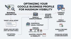 Infographic titled OPTIMIZING YOUR GOOGLE BUSINESS PROFILE FOR MAXIMUM VISIBILITY outlining optimization across three core areas: Business Description (target local intent, front-load key info with first 250 chars visible, use natural language), Profile Completeness and Photos & Visual Content (minimum 10 photos of storefront, interior, team, work with quarterly updates), and Google Posts (weekly consistency, signals ongoing activity, showcase offers and announcements), all feeding into Higher Rank & Visibility.