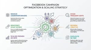 Facebook campaign optimization and scaling strategy infographic illustrating performance management rules—removing underperformers, reinforcing winning assets, vertical budget scaling, avoiding frequent edits, refreshing creative, and duplicating to test arranged around interlocking gears.