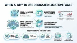 Infographic titled WHEN & WHY TO USE DEDICATED LOCATION PAGES comparing Single Location Businesses requiring one optimized page versus Multi-Location/Service-Area Businesses where dedicated pages are necessary. Warns against duplicating templates with city name swaps to prevent thin/duplicate content problems, and outlines core requirements for dedicated pages: Unique Content, Local Landmarks, Area-Specific Testimonials, and Localized Schema Markup.