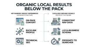 Infographic titled ORGANIC LOCAL RESULTS BELOW THE PACK comparing Key Ranking Weight Differences (On-Page Content, Backlink Profile, Technical SEO) with Localized Organic Signals that reinforce trust signals (Consistent NAP Data, LocalBusiness Schema, Proximity to Searcher) across connected side-by-side tiers.