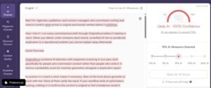 Originality.ai content analysis dashboard showing a submitted draft flagged as Likely AI with 100% confidence, red highlighted text, and a 15% AI allowance setting.