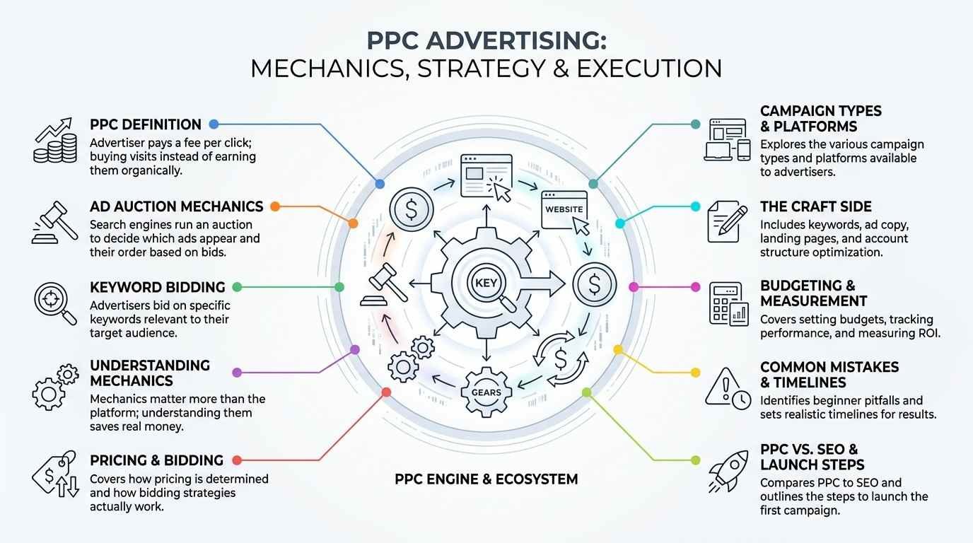 PPC advertising mechanics, strategy, and execution infographic detailing the core paid search engine and ecosystem, from ad auction dynamics and keyword bidding to budget measurement and launch steps.