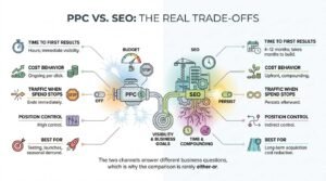 PPC vs. SEO comparison infographic contrasting paid search and organic search across five trade-offs: time to first results, cost behavior, traffic when spend stops, position control, and best use cases, centered around a fuel engine and rooted building metaphor.