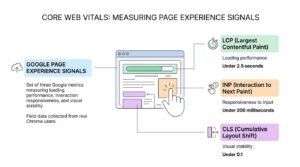 Core Web Vitals infographic breaking down Google page experience signals across three metrics: Largest Contentful Paint (LCP) under 2.5 seconds, Interaction to Next Paint (INP) under 200 milliseconds, and Cumulative Layout Shift (CLS) under 0.1.
