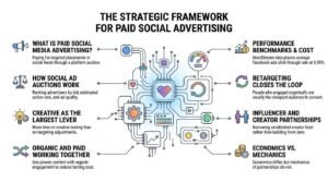 Infographic titled 'The Strategic Framework for Paid Social Advertising' featuring an illustrated central circuit board chip connected to eight key components covering ad auctions, creative strategy, retargeting, benchmarks, and partnerships.